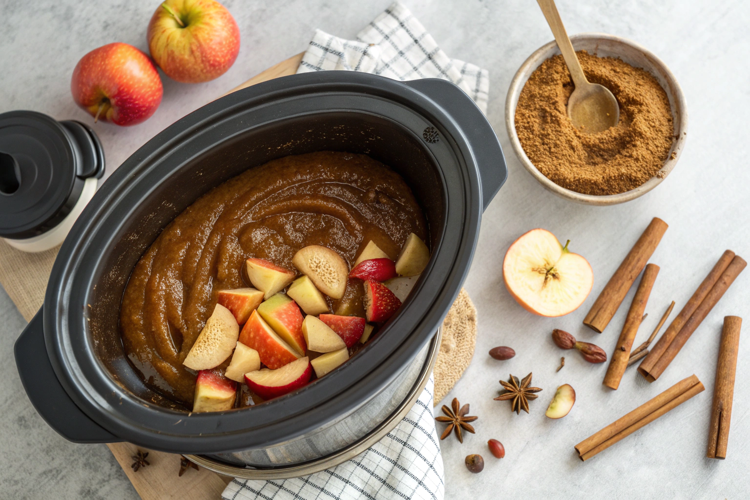 Glass jars filled with spiced slow cooker apple butter and apples