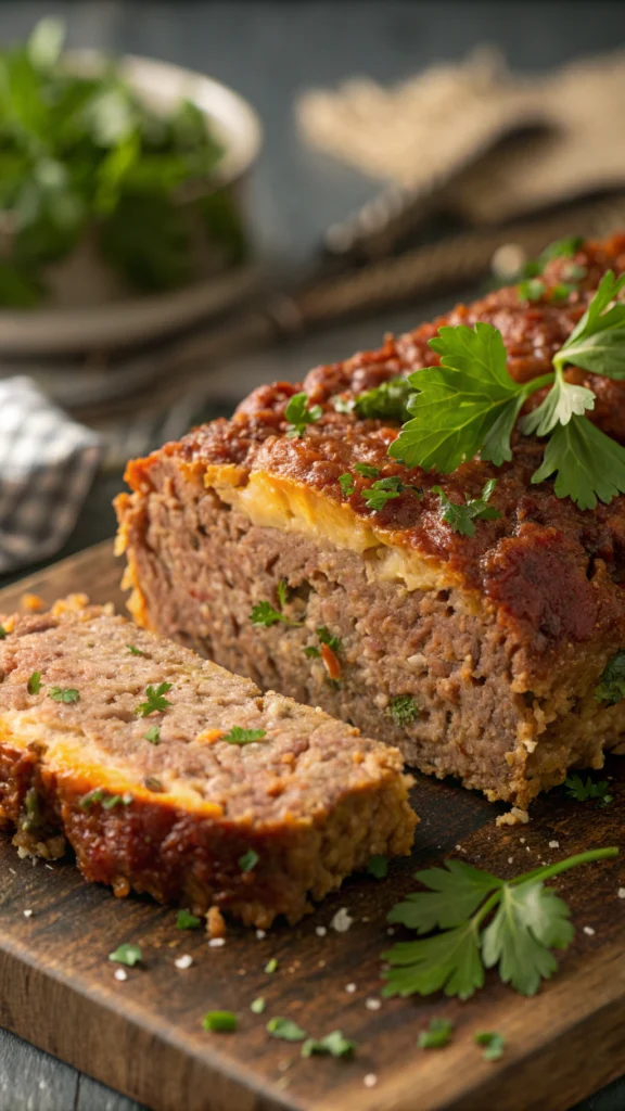 Slice of Easy 10-Minute Meatloaf with potatoes and green beans