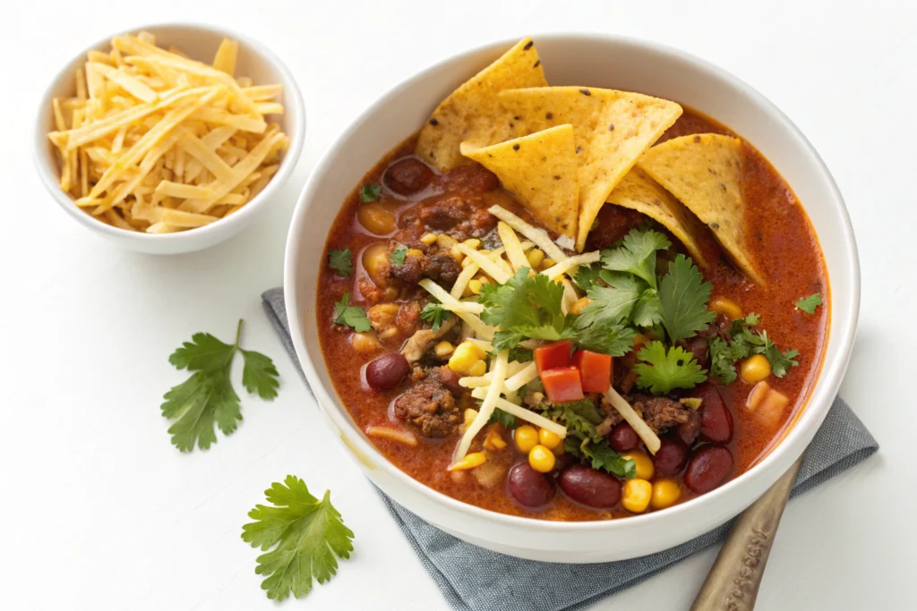 Easy taco soup with beef, beans, and corn topped with cheese, avocado, cilantro, and chips
