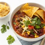 Easy taco soup with beef, beans, and corn topped with cheese, avocado, cilantro, and chips