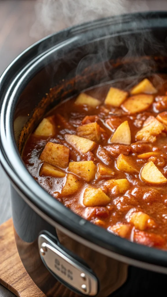 Slow cooker filled with glossy apple butter and a ladle