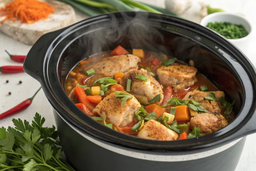 Crockpot shredded chicken in a slow cooker with two forks ready for shredding