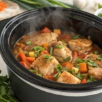 Crockpot shredded chicken in a slow cooker with two forks ready for shredding