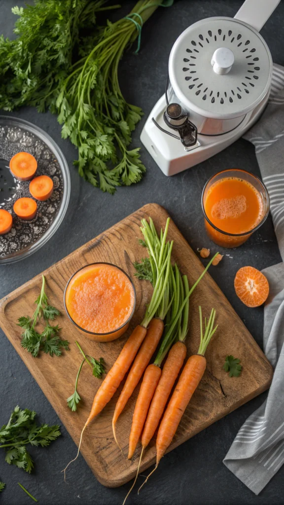 Fresh carrots, orange, ginger, and lemon for juicing