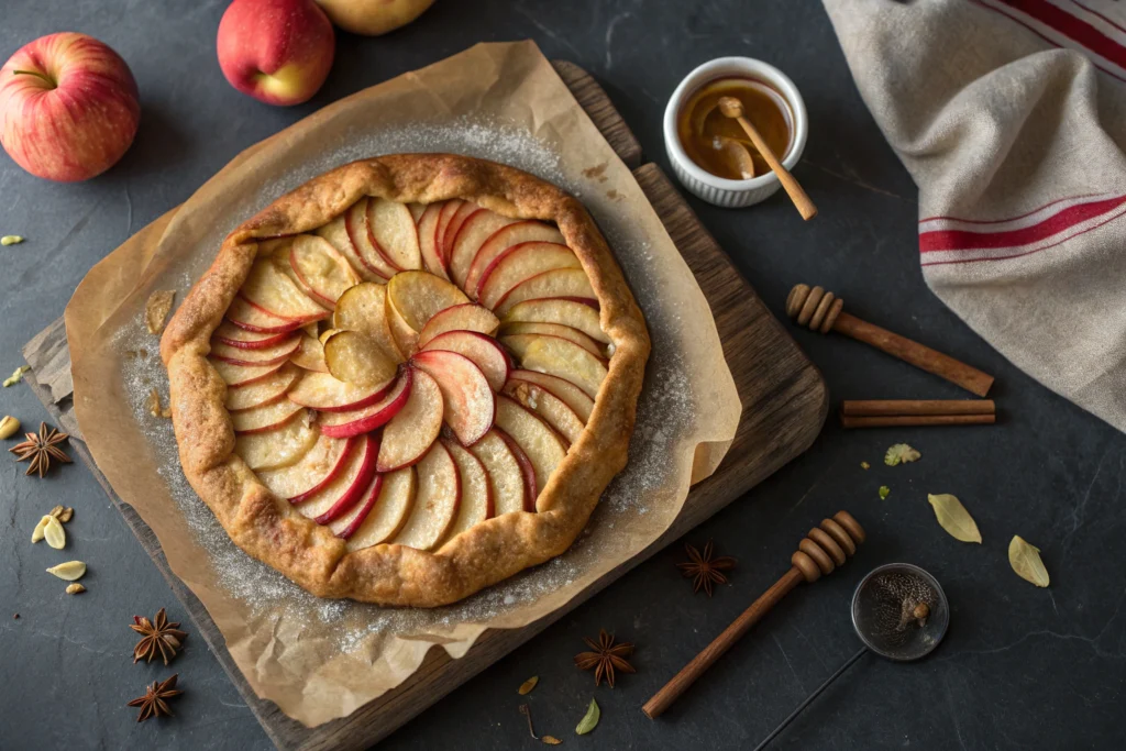 A free-form apple galette with glossy, caramelized apple slices and a sugared, golden crust resting on parchment-lined sheet, photographed in soft side light.