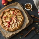 A free-form apple galette with glossy, caramelized apple slices and a sugared, golden crust resting on parchment-lined sheet, photographed in soft side light.