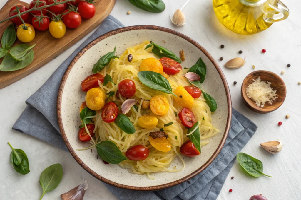 Spaghetti Squash Recipe showing golden roasted strands with marinara and Parmesan