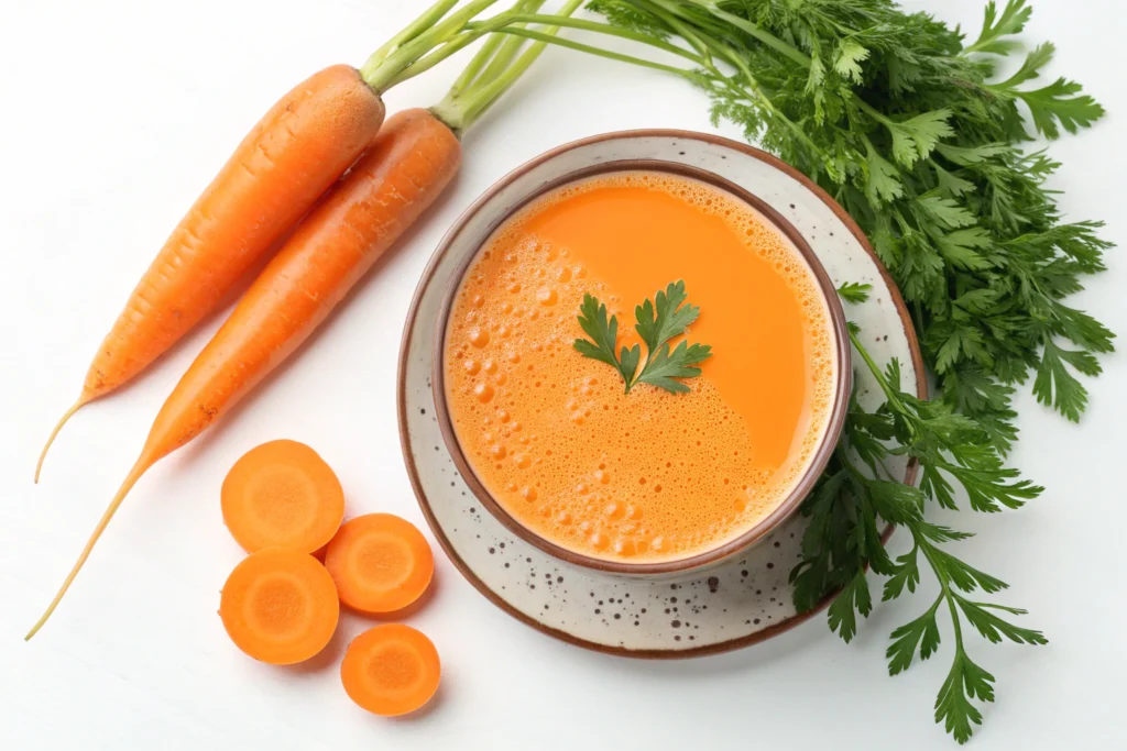 Glass of fresh carrot juice with ginger and citrus