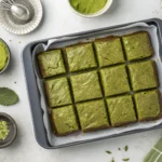 Fudgy matcha brownies with a crackly top on parchment paper
