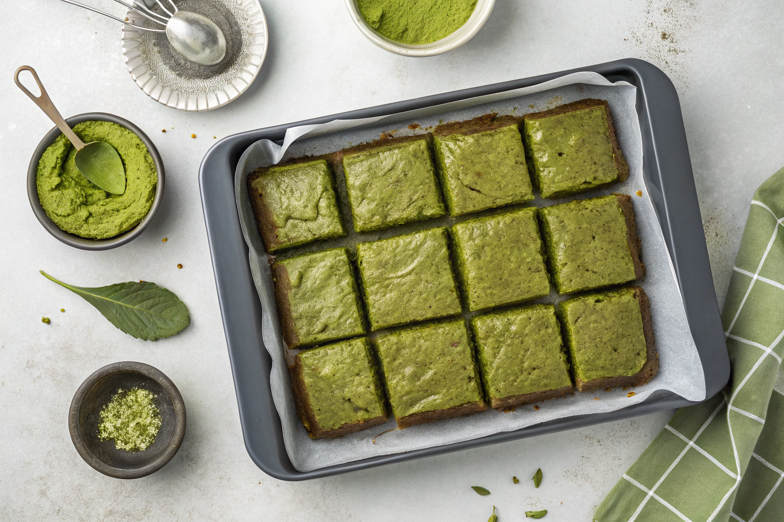 Fudgy matcha brownies with a crackly top on parchment paper