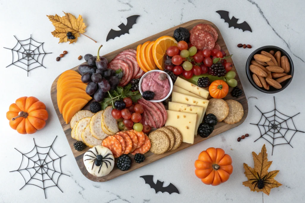 Halloween Charcuterie Board with pumpkin cheddar, ghost cheeses, salami roses, dips, and candy eyeballs