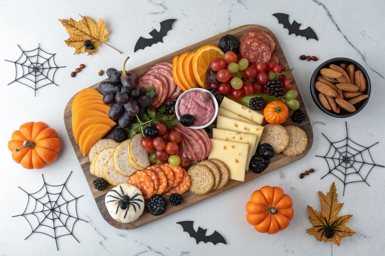 Halloween Charcuterie Board with pumpkin cheddar, ghost cheeses, salami roses, dips, and candy eyeballs