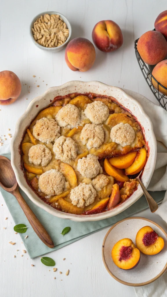 Bowl of Easy Peach Cobbler topped with vanilla ice cream