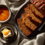 Top-down view of pumpkin bread slices drizzled with orange glaze on matte plates