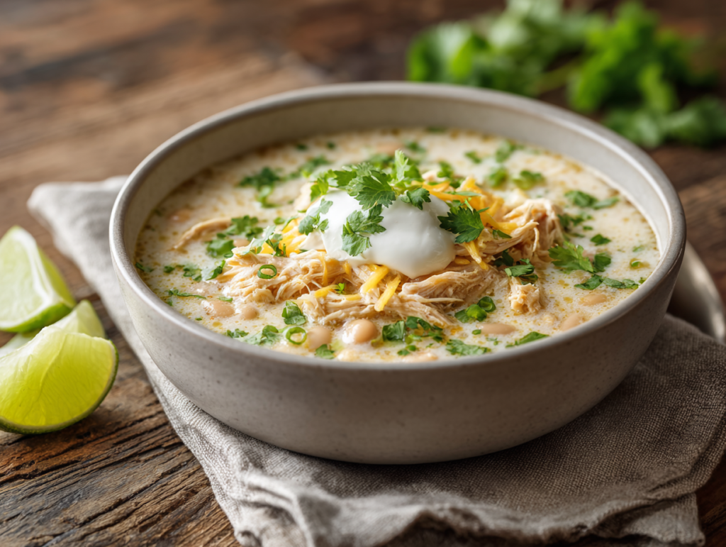 Creamy white chicken chili served in a ceramic bowl with beans, shredded chicken, cilantro, sour cream, and lime wedge