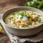 Creamy white chicken chili served in a ceramic bowl with beans, shredded chicken, cilantro, sour cream, and lime wedge