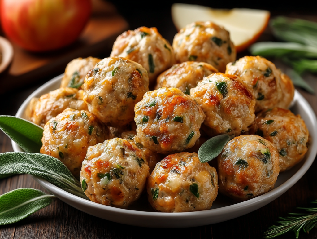 Close-up of Apple and Sage Turkey Meatballs with mashed potatoes