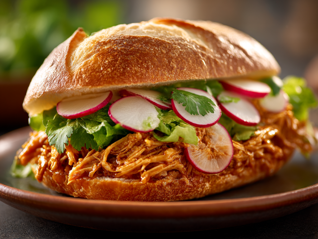 Authentic Salvadoran Panes con Pollo sandwich with saucy chicken and lettuce