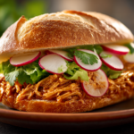 Authentic Salvadoran Panes con Pollo sandwich with saucy chicken and lettuce