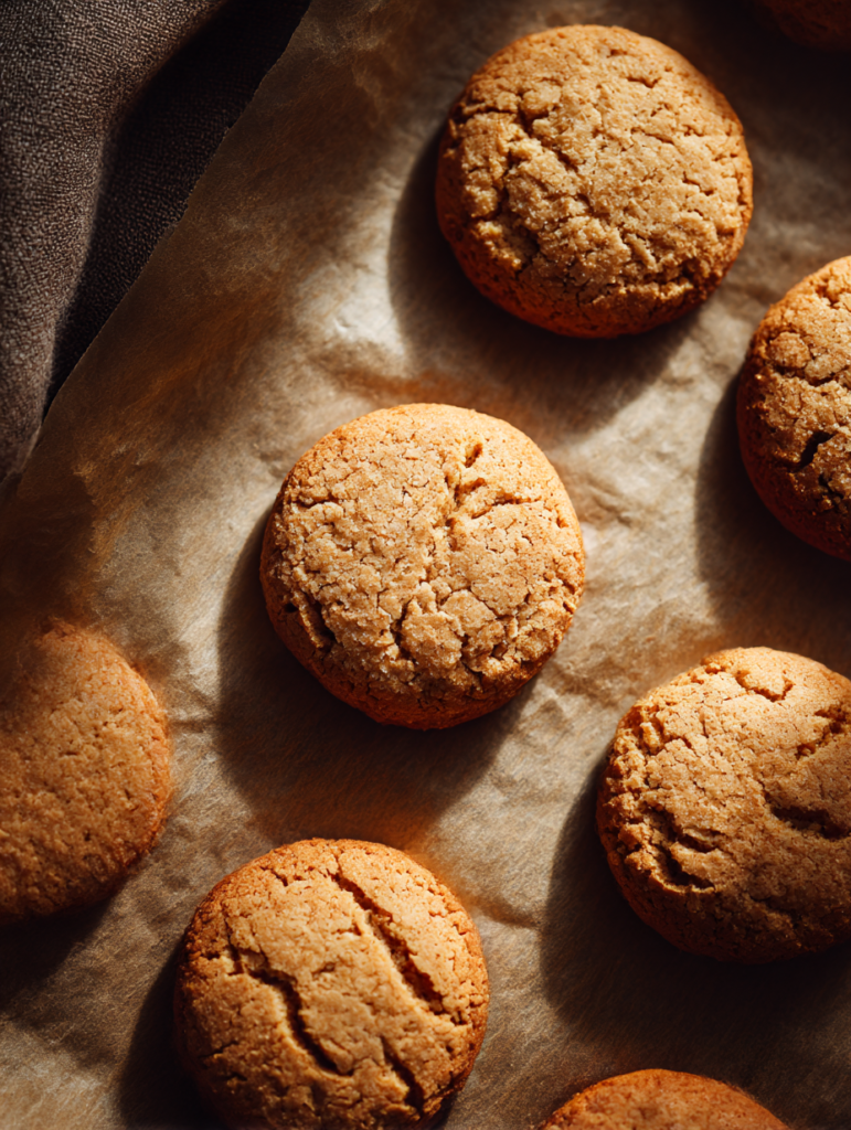 Baked protein biscuits cooling on parchment paper in warm light