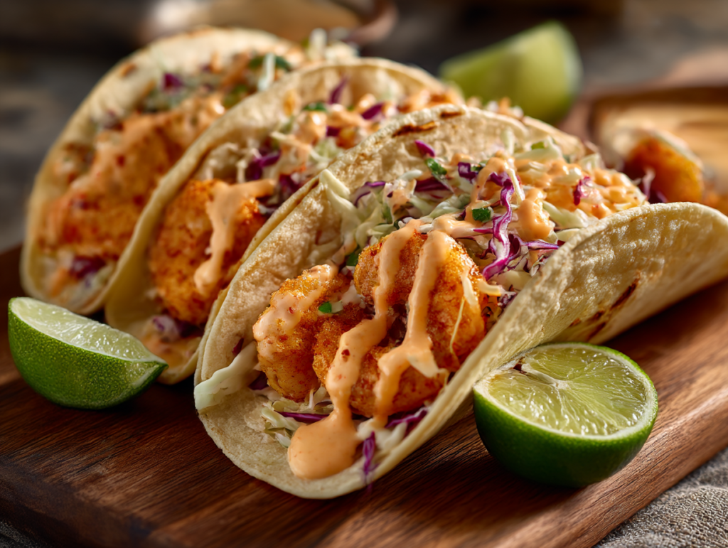 Crispy Bang Bang Shrimp Tacos with creamy spicy sauce and cabbage slaw