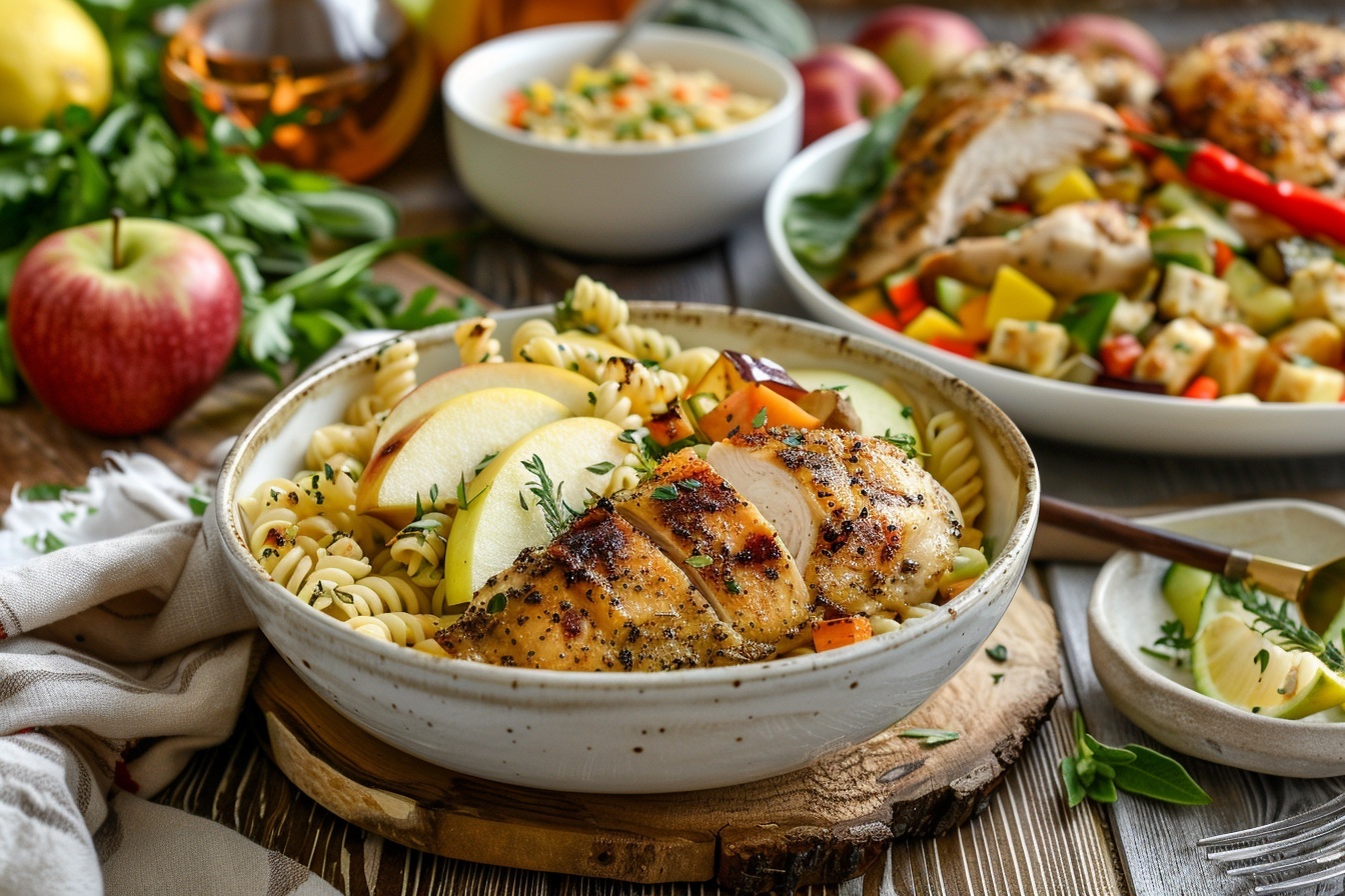 Rustic fall dinner table with chicken breast recipes: creamy chicken pasta, honey glazed tenders, lemon herb crockpot chicken, instant pot chicken noodles, and quinoa bowl
