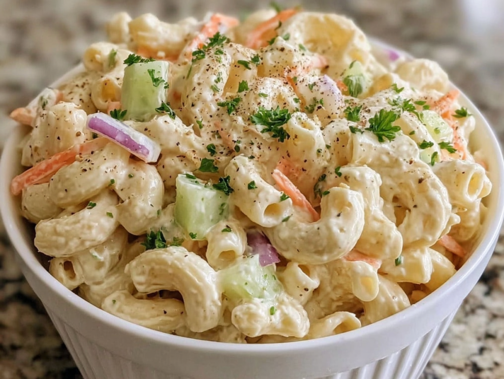 Creamy macaroni salad with vegetables and parsley