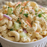 Creamy macaroni salad with vegetables and parsley