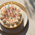 Birthday cheesecake with whipped cream and sprinkles