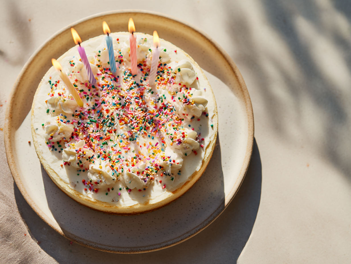 Birthday cheesecake with whipped cream and sprinkles