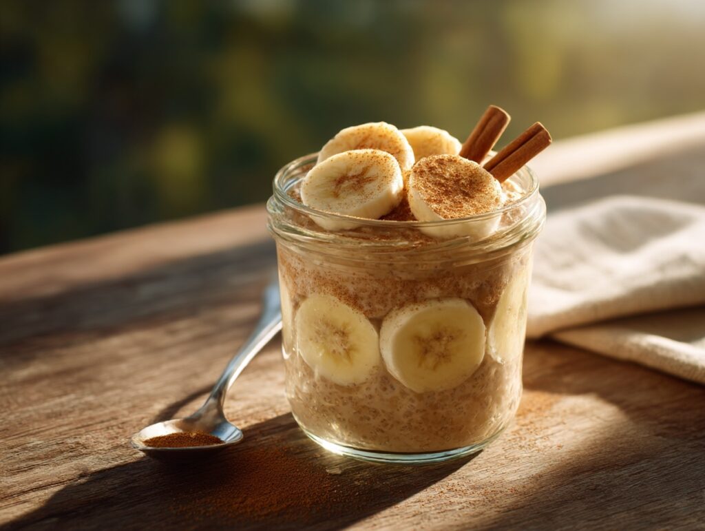 Creamy brown sugar overnight oats with banana slices and cinnamon