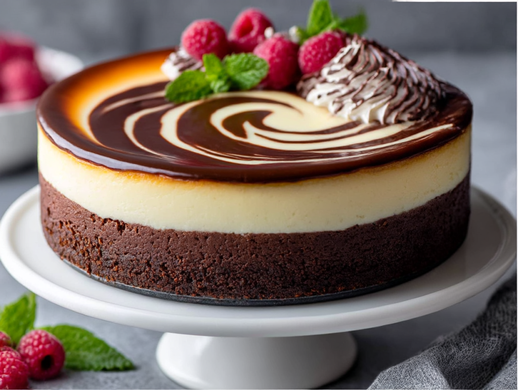 Brownie cheesecake birthday cake topped with chocolate ganache and sprinkles