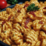 Serving of creamy Cajun chicken pasta on ceramic plate with parsley