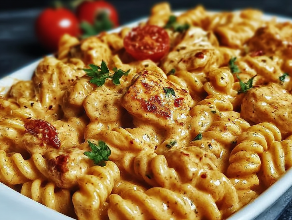Creamy Cajun chicken pasta bake with melted cheese and parsley