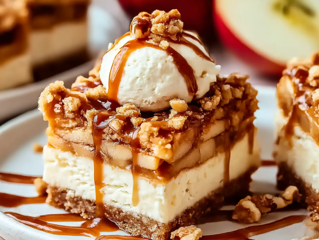 Caramel apple cheesecake bars drizzled with caramel sauce