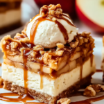 Caramel apple cheesecake bars drizzled with caramel sauce