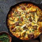 Cheesy ranch potatoes with smoked sausage baked in a skillet
