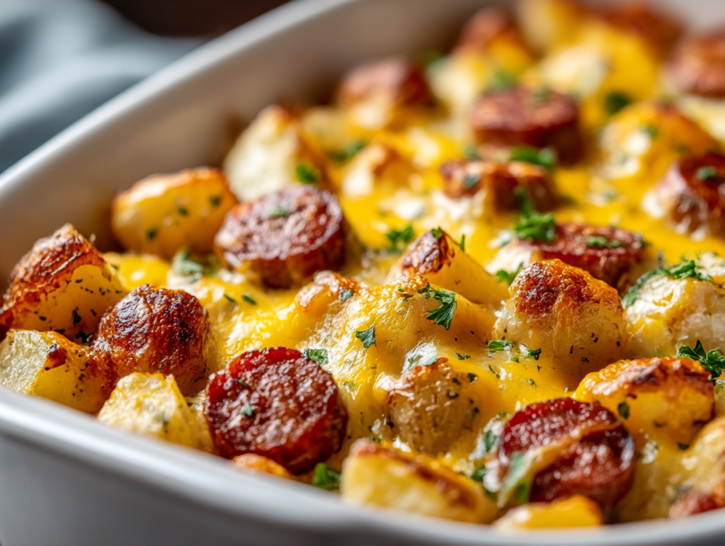 Skillet of cheesy sausage and potatoes with herbs