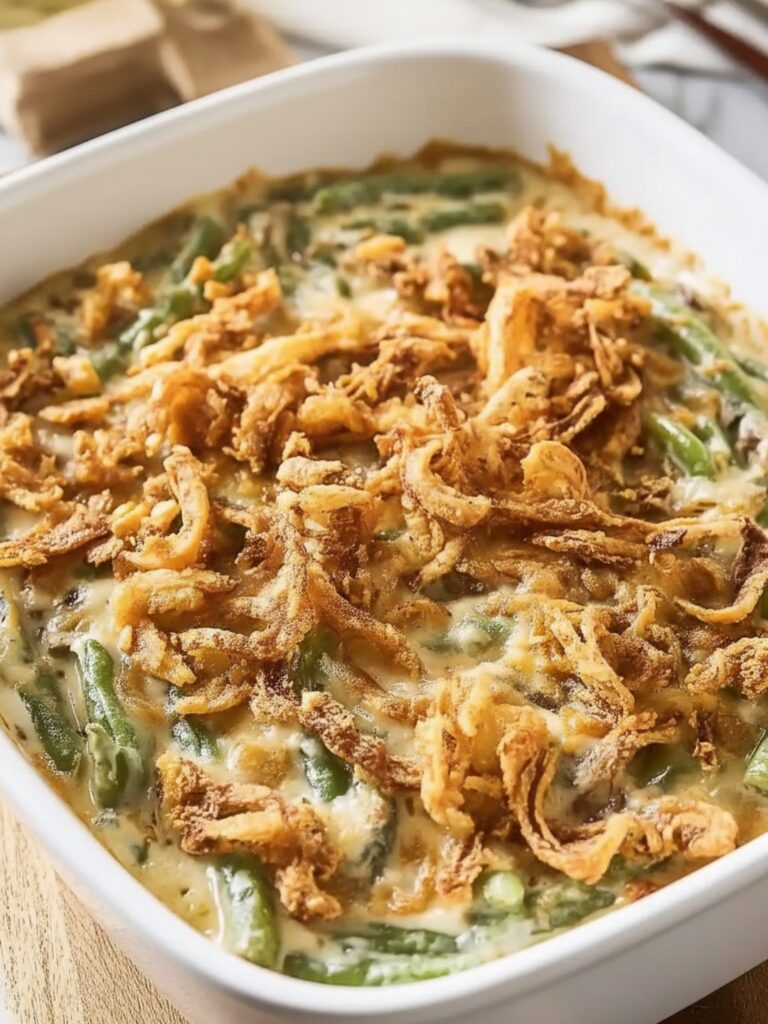A classic Campbells Green Bean Casserole fresh out of the oven, topped with golden fried onions.