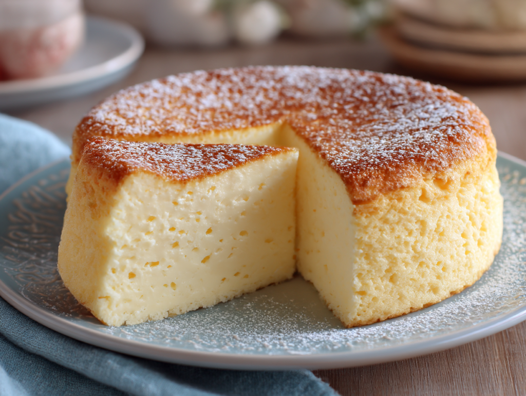 A slice of cottage cheese casserole served on a plate with greens