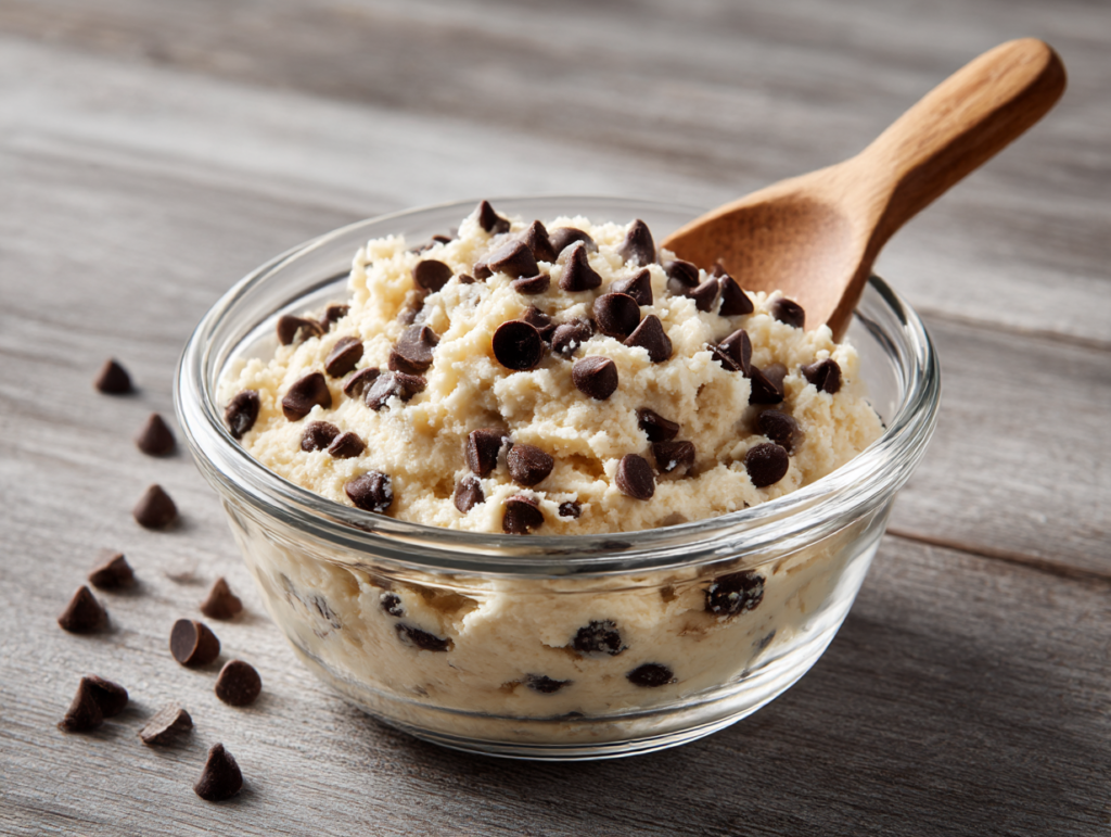 Creamy cottage cheese cookie dough with chocolate chips in a glass bowl