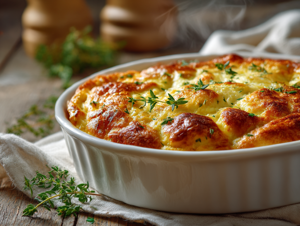 Cottage cheese casserole baked golden and served with herbs