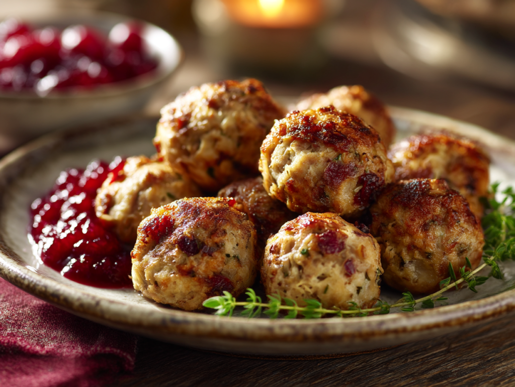 Golden brown cranberry turkey stuffing balls on ceramic plate
