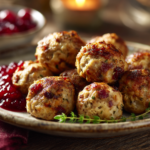 Golden brown cranberry turkey stuffing balls on ceramic plate