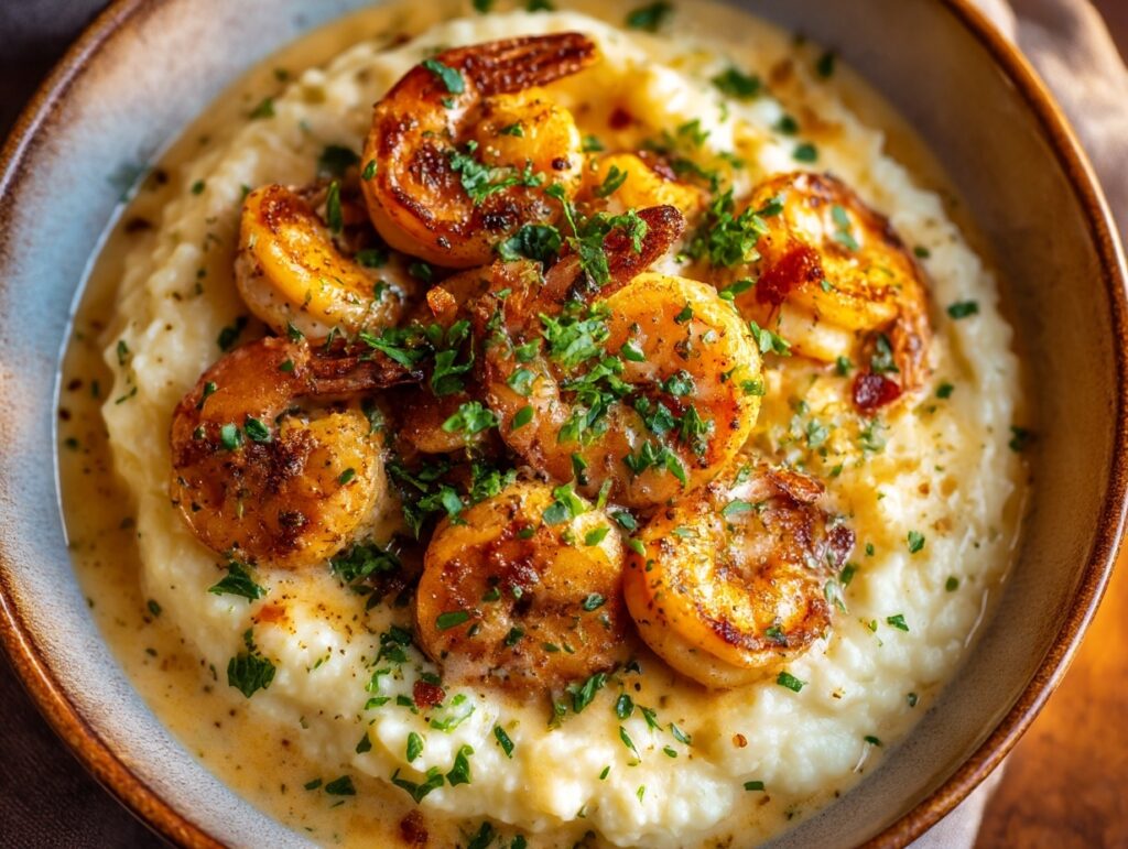 Creamy garlic shrimp served over mashed potatoes with parsley garnish