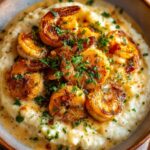Creamy garlic shrimp served over mashed potatoes with parsley garnish