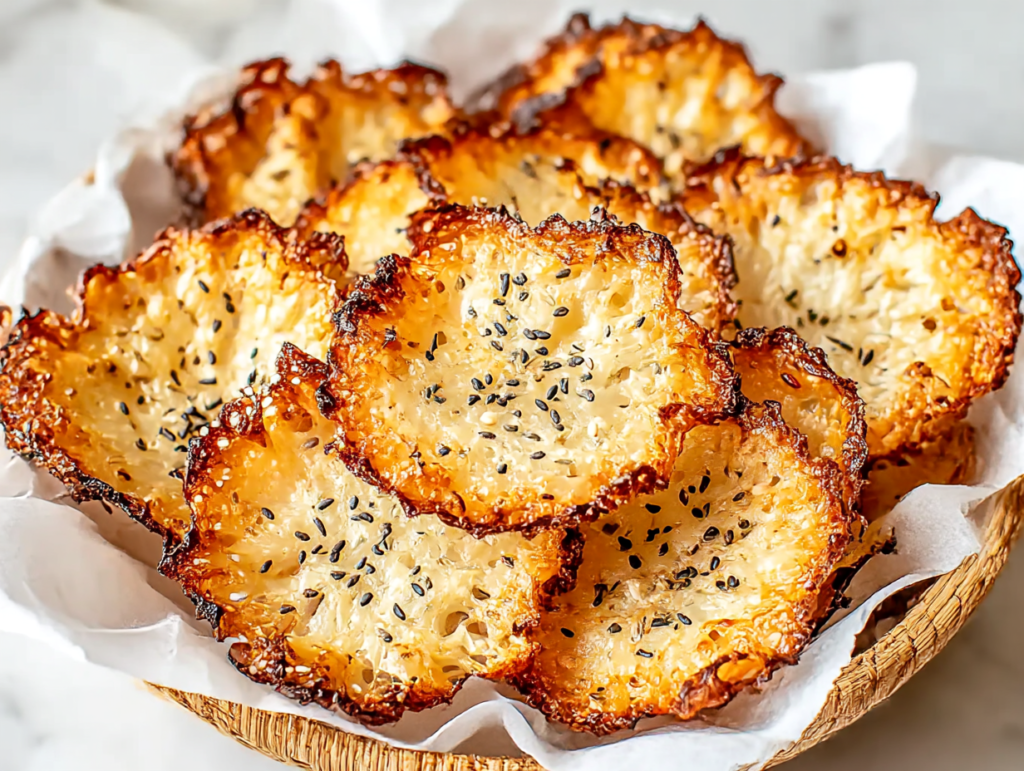 Crispy golden cottage cheese chips served in a ceramic bowl