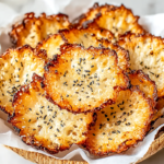 Crispy golden cottage cheese chips served in a ceramic bowl
