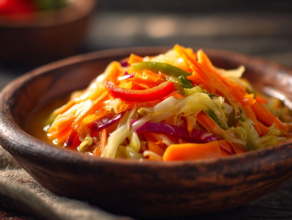 Authentic Salvadoran escabeche with pickled cabbage, carrots, and peppers