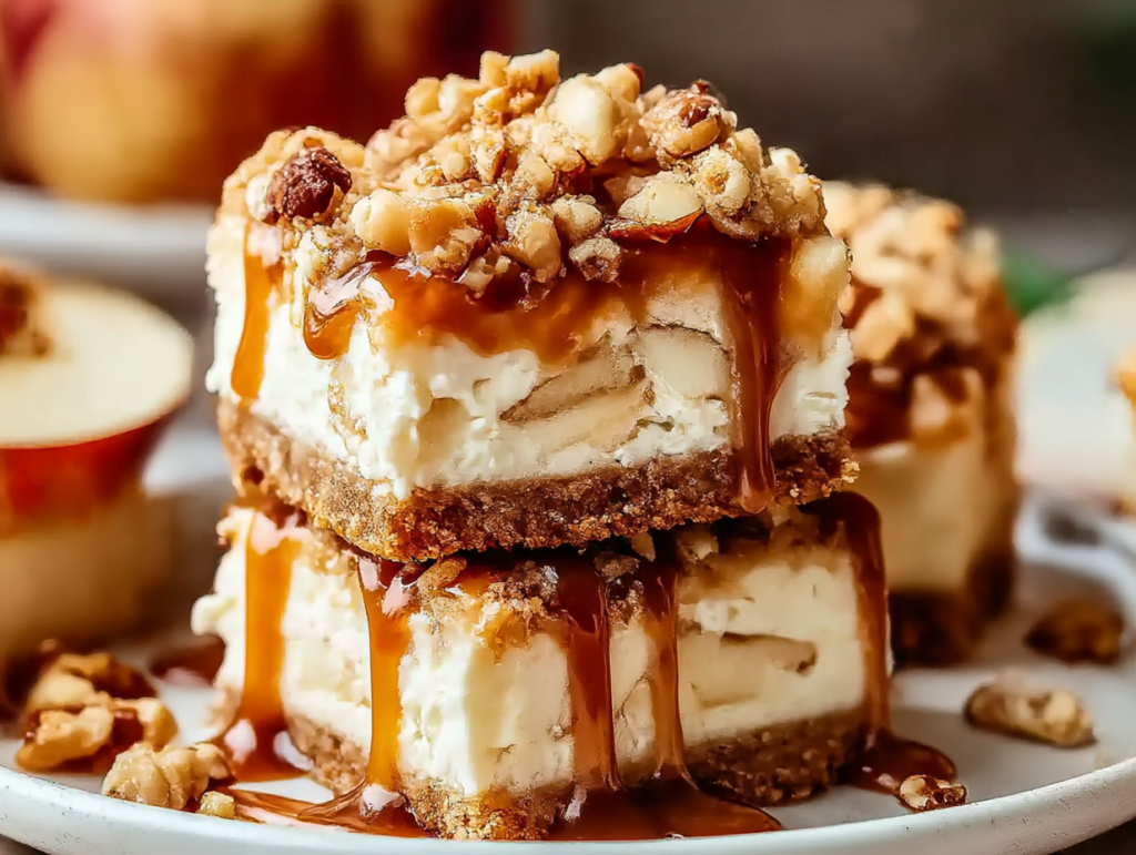 Top-down view of sliced caramel apple cheesecake bars on parchment paper